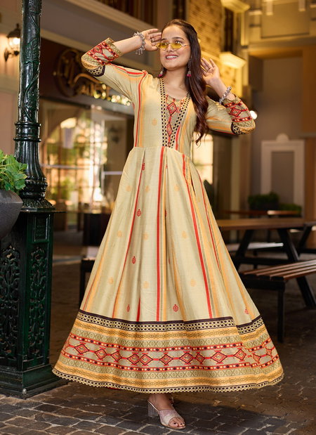 Cream Colour Rayon Print Gown Collection Wholesale Market In Surat Aaradhna 2032